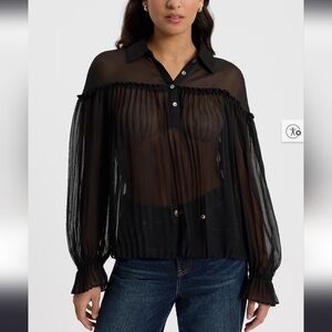 Express Collared Pleated Black Sheer Blouse